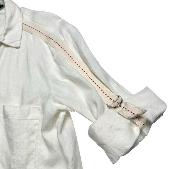 Zara | Women | 100% Linen White Roll Tab V-Neck Button Up Top | Size XS - Picture 10 of 10